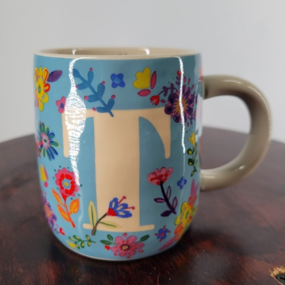 Natural Life Initial T Floral Ceramic Coffee Mug Blue Cup of Happy Monogram‎